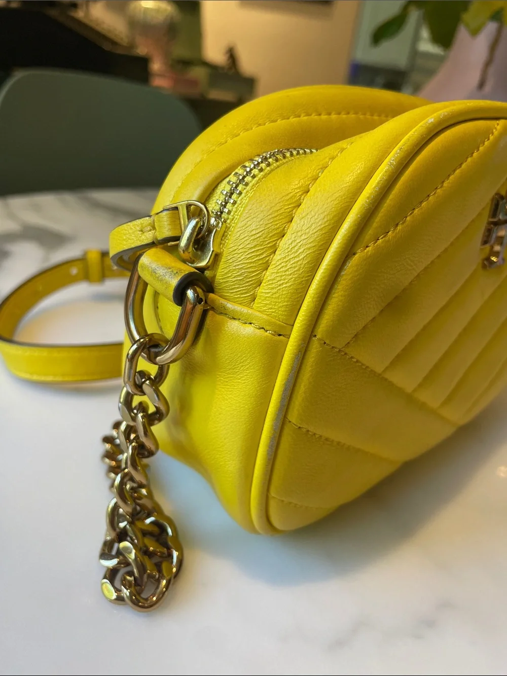 Tory Burch Kira Lemon Yellow Quilted Leather Crossbody Camera Bag